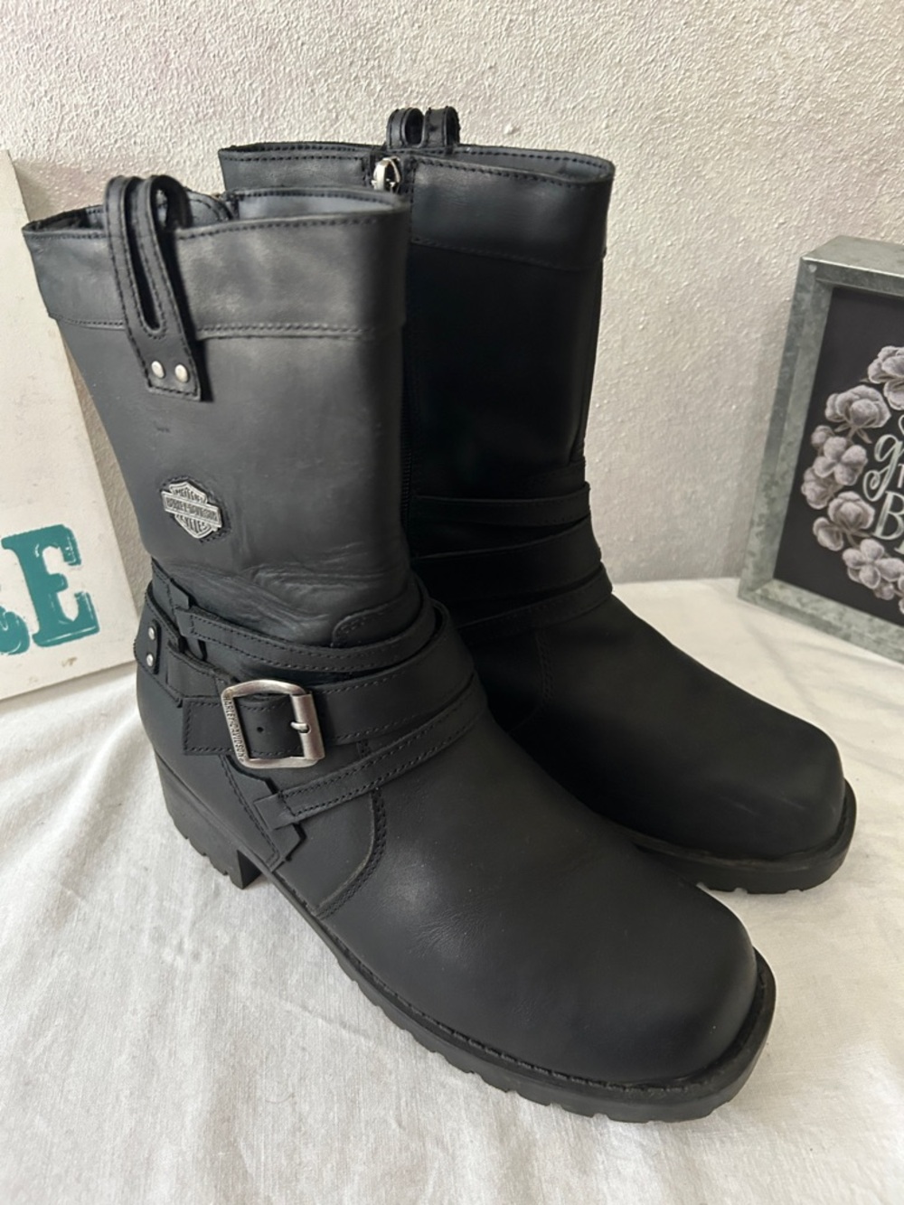Harley-Davidson Matte Black Mid-Calf Buckle Motorcycle Boots